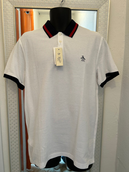 ORIGINAL PENGUIN WHITE NAVY AND RED NECK DETAIL POLO